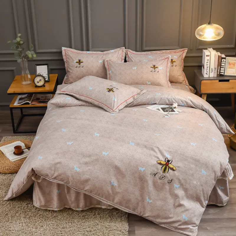

Princess Style Soft Bed Set Embroidery Duvet Cover Pillowcases Bed Skirt Pillowcases Rice Camel Light Ruby Blue Purple Queen