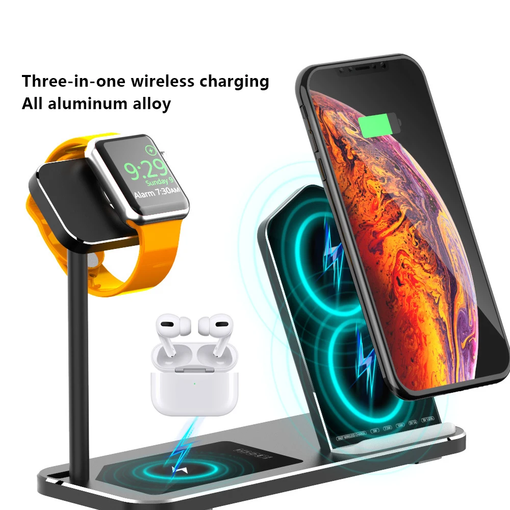 black Для Airpods Pro iWatch Быстрое беспроводное зарядное устройство Подставка док-станция 3 в 1 из алюминиевого сплава зарядная станция база для iPhone samsung huawei - Цвет: black