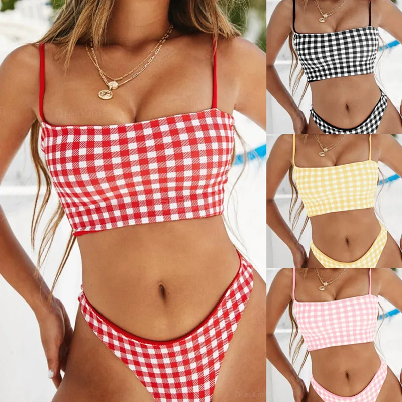 

New Sexy Vest Bikini Plaid Swimwear Suit Female Biquini Swimsuit Two-piece Set For Women Brazilian Swim Suit