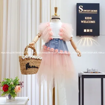 

Children's clothing 2020 summer new girl foreign small flower mesh yarn stitching T-shirt with denim yarn skirt