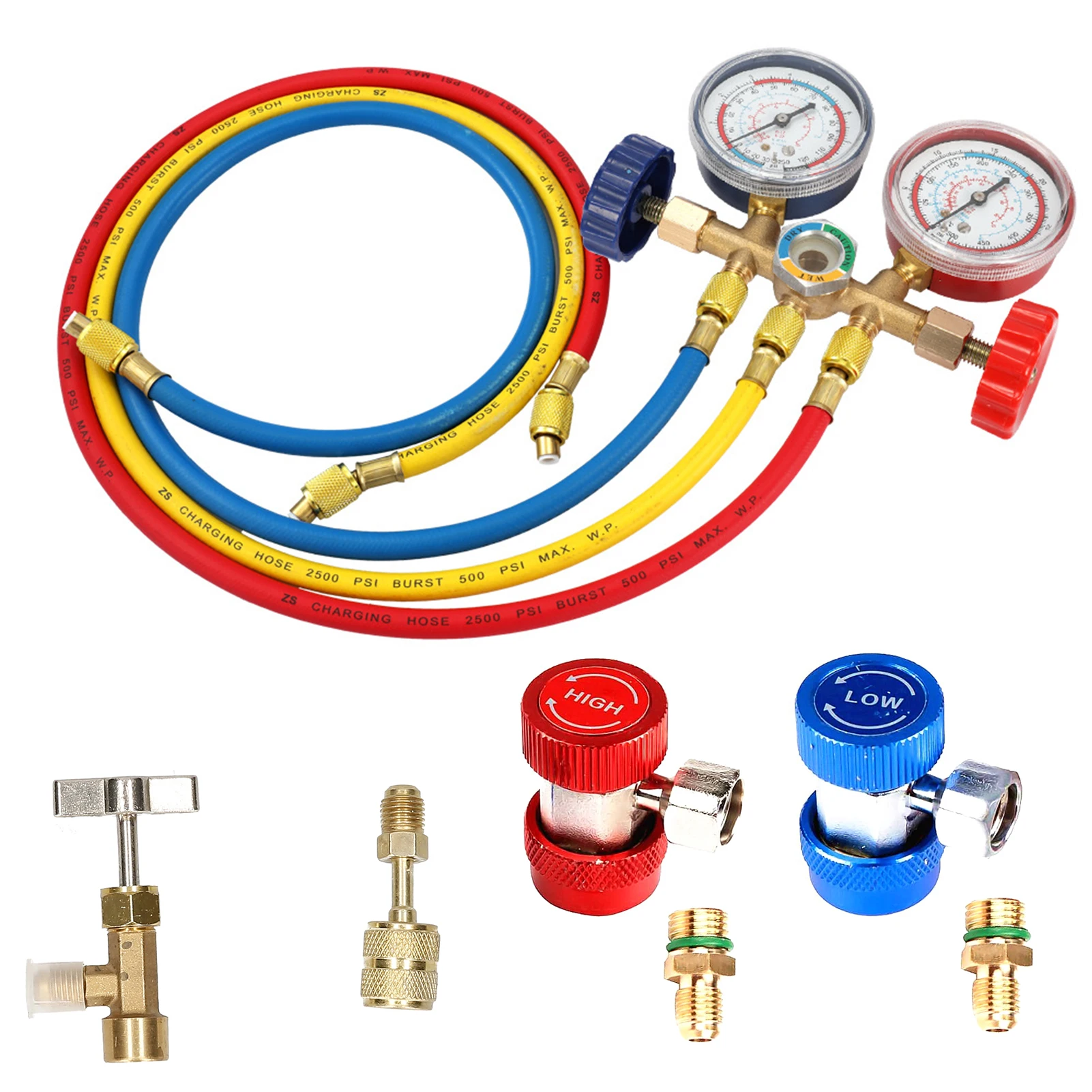 Vislone R134A Refrigeration Gauge A/C Refrigerant Air Conditioning Manifold Gauge Tools Set with Hose and Hook for R12 R22 R404A R134A 