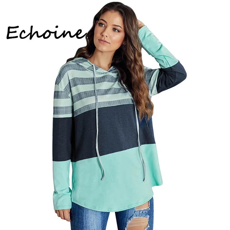 

Autumn Women Sweatshirt Drawstring Hoodie Color Patchwork Losse Long Sleeve Streetwear Moletom Pullovers Tops
