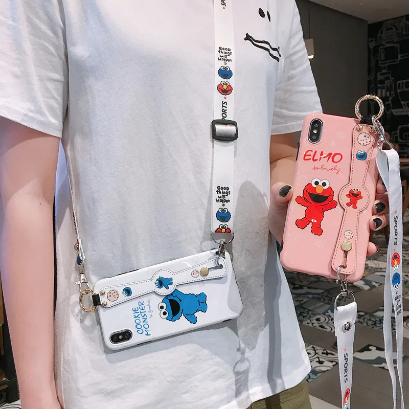 

Phone Case For iPhone 6 6s 7 8 Plus X XR 11 Pro XS Max with Sesame Street Pattern Wristband Lanyard Soft TPU Coque Back Cover