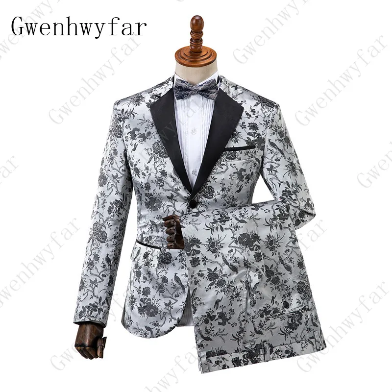 

Gwenhwyfar Mens Silver 3 Pieces Set Quality Black Floral Pattern Brocade Jacquard Suits Wedding Groom Tuxedo Stage Costume