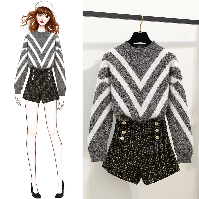 

New Autumn Winter White stripe Sweater+shorts women two piece sets long sleeve tops Korean outfits O-Neck woman clothes 2019