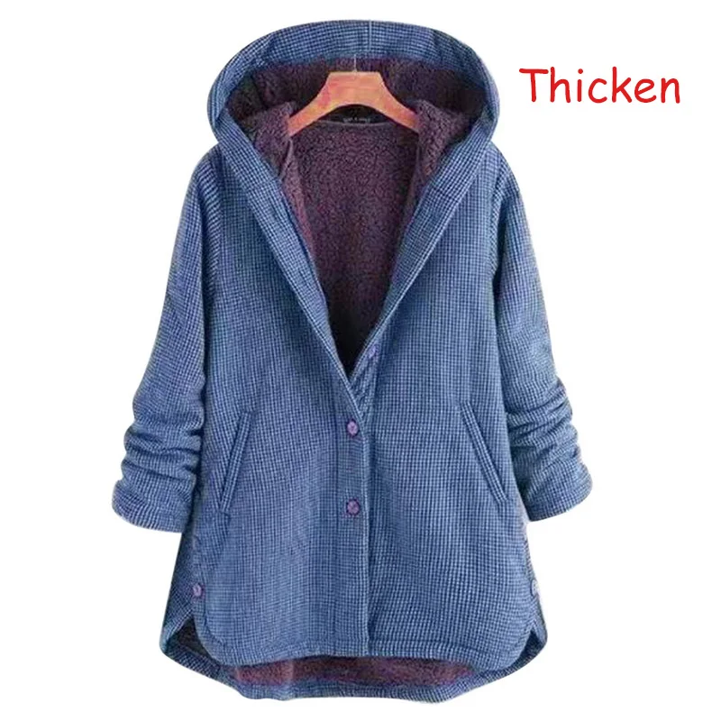 Blue-Thicken Vertvie теплая плотная однотонная верхняя одежда, Женские клетчатые пальто, винтажное зимнее пальто с длинным рукавом и капюшоном на пуговицах, повседневное Свободное пальто размера плюс - Цвет: Blue-Thicken