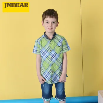 

JMBEAR Boys' short-sleeved shirt, new children's plaid lapel shirt, baby cotton casual top, children's style children's clothing