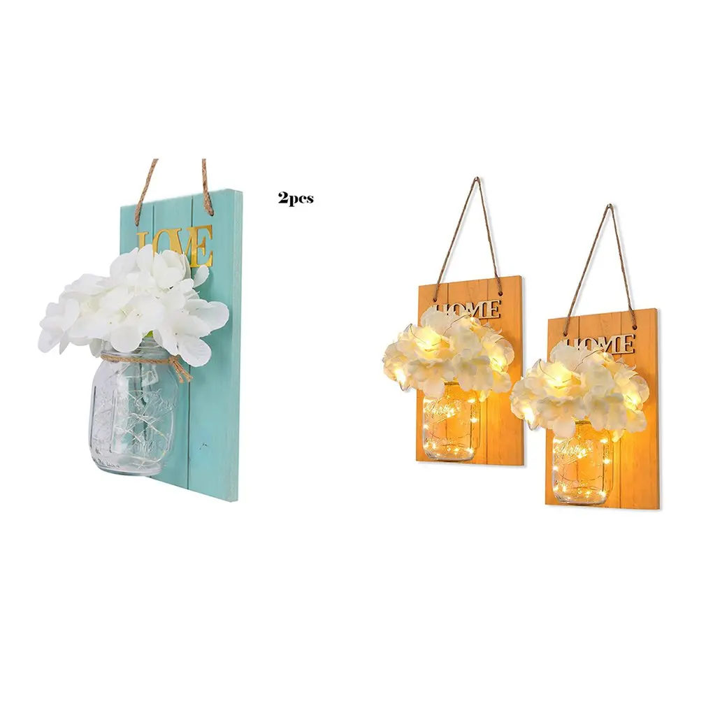 

Creative Wooden Board Led Mason Jar Lantern Simulation Eternal Flower Wooden Wall Lamp Retro Garden Lantern