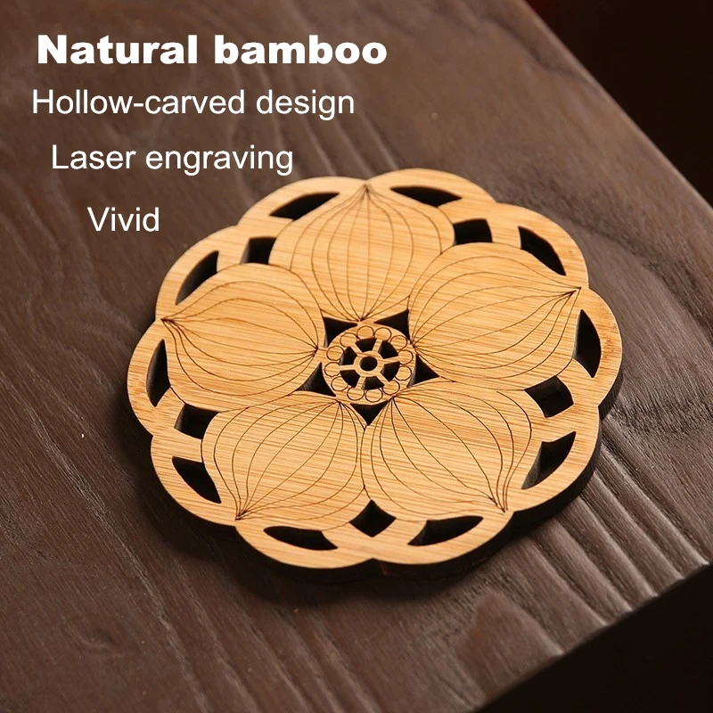 6 Pcs Round Bamboo Coffee Coaster Set Anti-slip Mat Table Decoration Accessories Flowers Cup Pad Hollow Carving Handmade Wooden