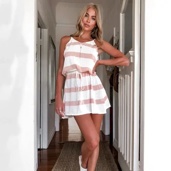 

2020 Striped Summer Pajamas Female Cotton Nightdress Sling V-neck Robes Causal Loose Ladies Nightwear Dress Summer Sleepwear