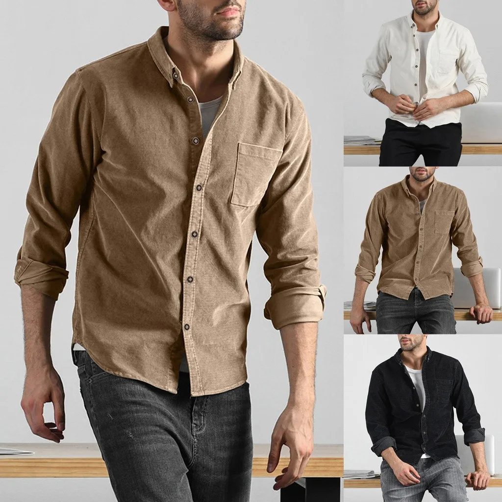 Рубашка с длинным рукавом, мужская повседневная хлопковая блузка, модная мужская Осенняя Повседневная однотонная Вельветовая рубашка с карманами, рубашка с длинными рукавами, топ, блуза#3