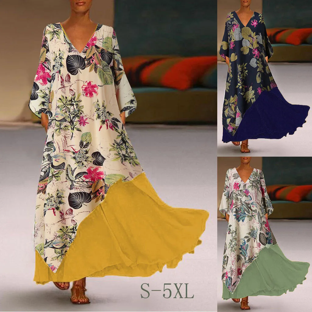 MISSOMO S-5XL Платье женское Винтажное с v-образным вырезом Макси платье размера плюс летнее платье vestidos сплайсинг цветочный длинный рукав дропшиппинг 81