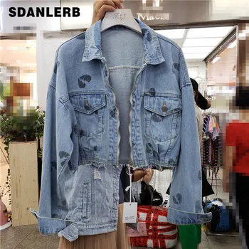

2019 Fall Jacket for Woman New Korean Loose Harajuku Bf Printed Zipper Jacket Retro Student Short Denim Coat Bat Coats