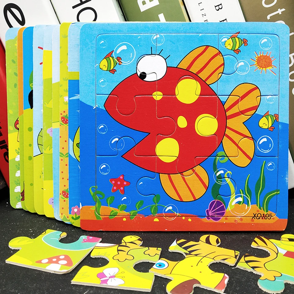 9 Pieces Kids Puzzle Toy Animals and Vehicle Wooden Puzzles Jigsaw Baby Educational Learning Toys for Children Gift