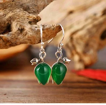

Real S925 Silver Dangle Earrings For Women Green Chalcedony Diamond Cut Crystal Charm Tulip Earrings Drop Hook Gift