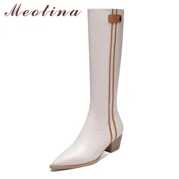 

Meotina Winter Knee High Boots Women Natural Genuine Leather Thick Heels Tall Boots Zipper Pointed Toe Shoes Ladies Autumn 34-39