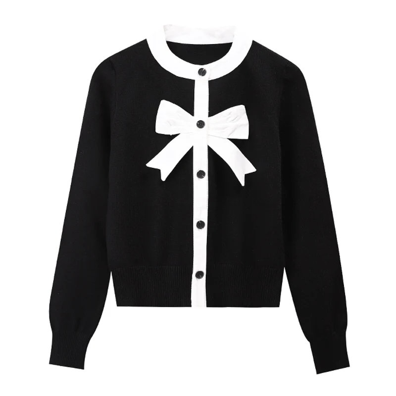 Осенний Французский Ретро вязаный кардиган женский черный и белый контрастный