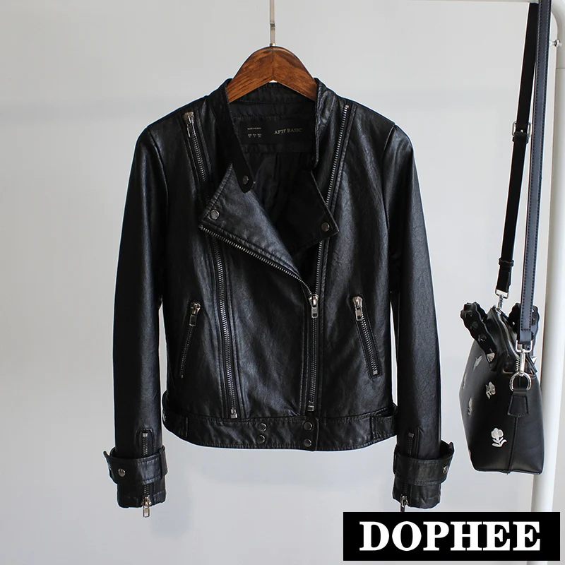 Autumn New Stand Collar Woman Short Motorcycle Leather Jacket Lady's Fashion Wash PU Leather Coats