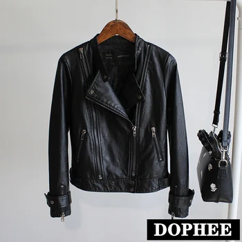 

2019 Autumn New Stand Collar Woman Short Motorcycle Leather Jacket Lady's Fashion Wash PU Leather Coats