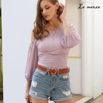 

2020 Tops Korean Long Sleeve Tshirt Women Skew Collar Casual Solid Plus Size