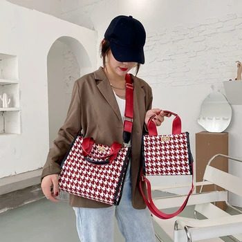 

Simply Crossbody Bags Lady Chain Travel Small Handbags Canvas Houndstooth Shoulder Messenger Bag for Women 2020