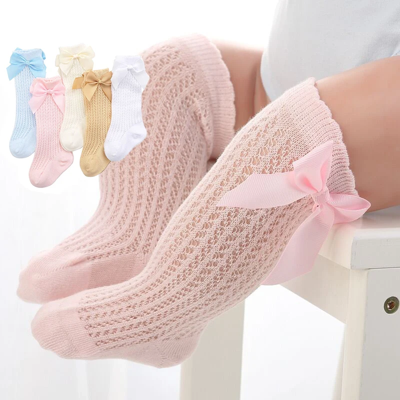 Baby Girl Socks With Bows Cotton Mesh Breathable Newborn Baby Knee High