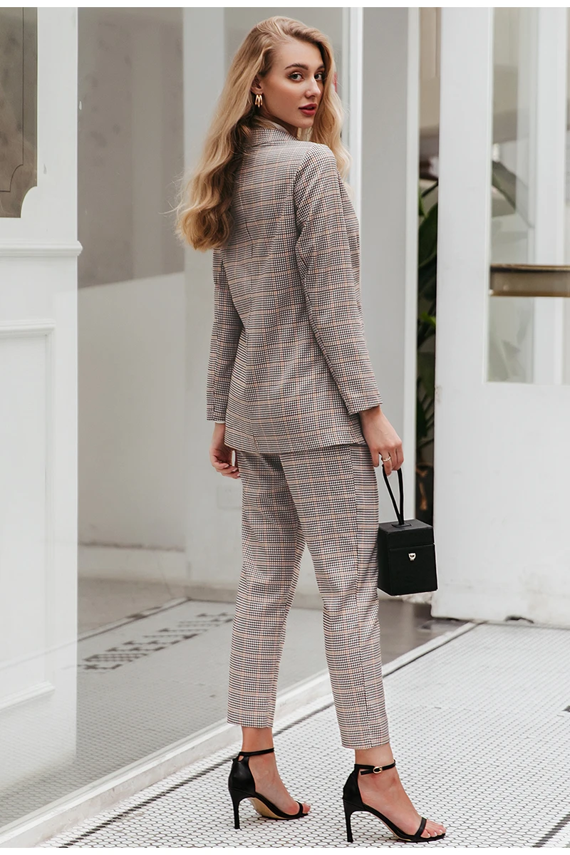 Simplee Office ladies plaid blazer suit Double breasted pockets female blazer pants set Streetwear elegant women blazer set stylish pant suits