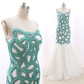 

MACloth White Mermaid O Neck Floor-Length Long Crystal Tulle Prom Dresses Dress M 268998 Clearance