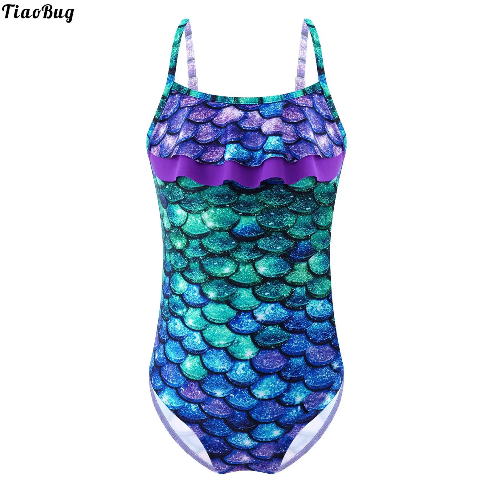 

TiaoBug Kids Girls One-Piece Jumpsuit Swimwear Adjustable Straps Fish Scales Print Cut Out Open Back Swimming Bathing Bodysuit