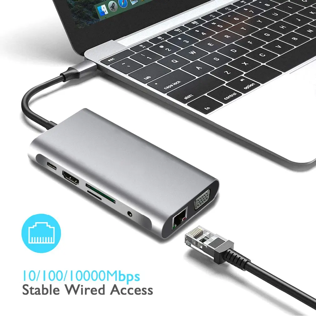 Usb-хаб type-C 10 в 1 Thunderbolt 3 type C адаптер док-станция 3 USB 3,0 порт 4K HDMI 1080P VGA RJ45 Gigabit Ethernet для Macbook Pro