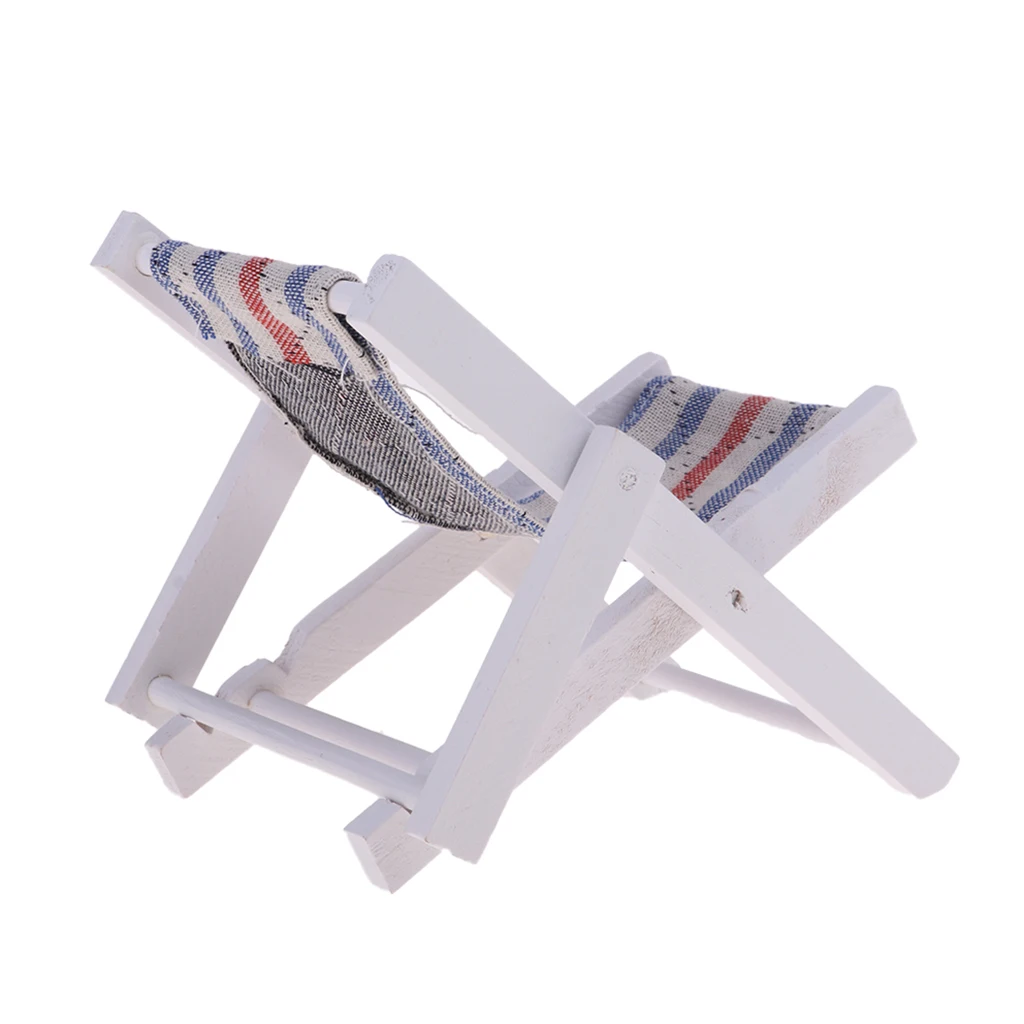 1:6 Miniature Folding Wooden Beach Sunbath Chair Deck Chair Mini Furniture for Indoor Outdoor Decor (Blue Stripe)