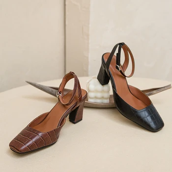 

Genuine Leather Sandals Women Summer High Heel Shoes Pointed Toe Thick Heels Sandals Strap Buckle Party Ladies Shoes