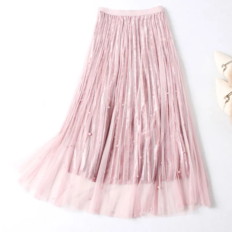 Women Skirts Spring Women Skirt Beaded Mesh Skirts Women High Waist A-Line Pleated Skirts Elegant Jupe Femme Saias Faldas Mujer Women Skirts Spring Women Skirt Beaded Mesh Skirts Women High Waist A-Line Pleated Skirts Elegant Jupe Femme Saias Faldas Mujer