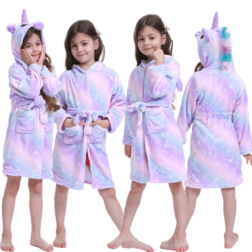 Girl Robes for Kids Winter Bathrobe Unicorn Pajamas Rainbow Pink Purple Sleepwear Girl's Dressing Gown Flannel Hooded Towel Robe baby robe and slippers