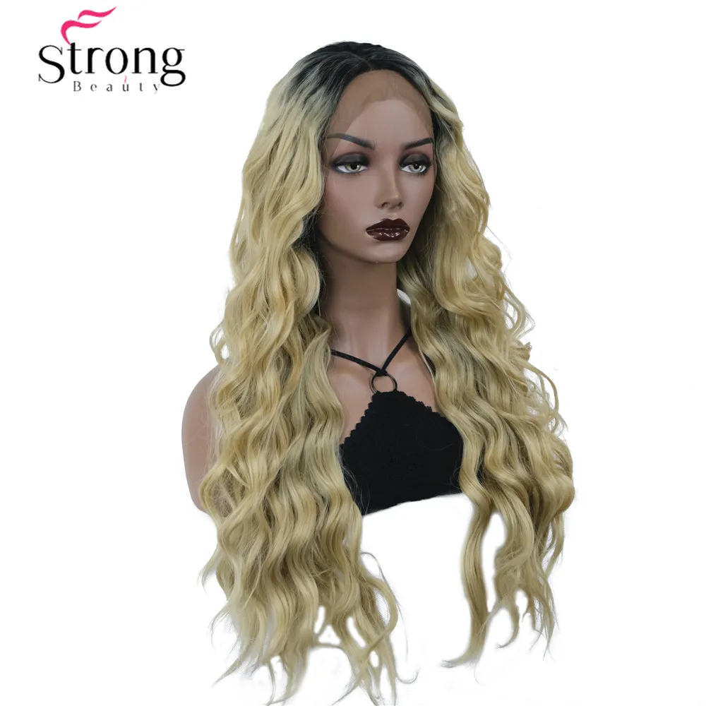 StrongBeauty эффектом деграде(переход от темного к блондинка длинные вьющиеся Синтетические волосы на кружеве парик для Для женщин темные корни синтетические парики шнурка волос