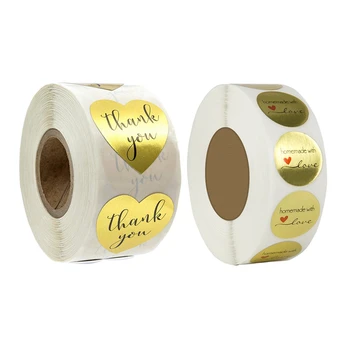 

1000pcs Gold 1 Inch Sticker Labels - 500pcs Heart Shape "Thank You " & 500pcs Round "homemade with love"