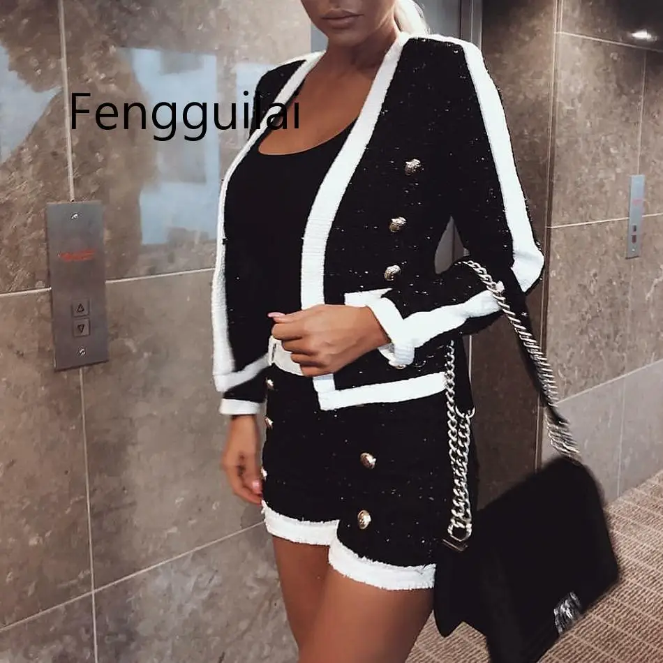 Hoge Kwaliteit 2 Twee Delige Set Vrouwen Zwart Wit Korte Broek Dubbele Leeuw Knop Blazer Jas Met Shorts Vrouwen pak Herfst Kleden Hoge Kwaliteit 2 Twee Delige Set Vrouwen Zwart Wit Korte Broek Dubbele Leeuw Knop Blazer Jas Met Shorts Vrouwen pak Herfst Kleden