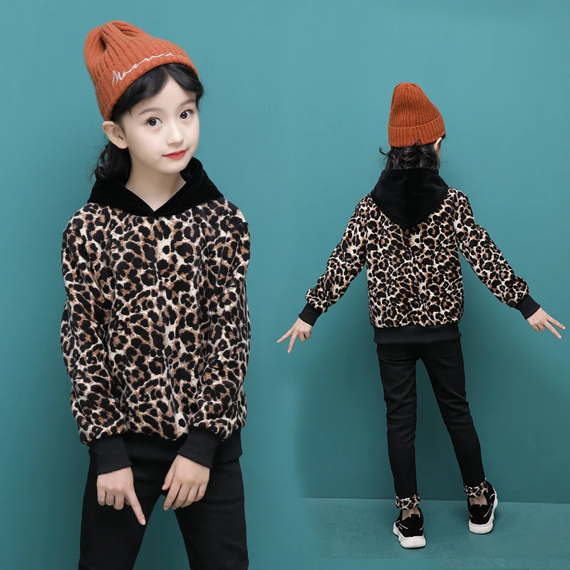 

2019 Winter Girls Clothing Sets Kids leopard print Hoodies Thicken Velvet jacket pants 2pcs set Children's Sports Clothes 6-15 Y