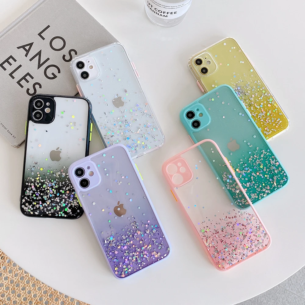 LOVECOM Gradient Glitter Phone Case For iPhone 13 Pro Max 12 11 Pro Max XR XS Max 7 8 Plus X Soft Camera Protection Clear Cover iphone 12 pro max leather case