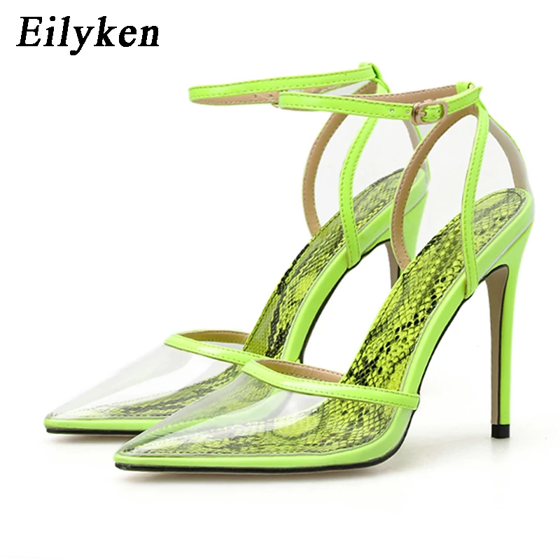 Green Eilyken, зеленые, Красные босоножки из ПВХ с прозрачными ремешками и пряжками женские вечерние туфли-лодочки для ночного клуба с острым носком, Размеры 35-41 - Цвет: Green