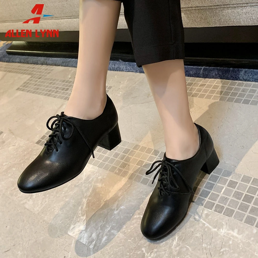 

ALLEN Brand New Fashion Lady Office Casual Consise Shoes Woman Lace Up Black Square Toe High Heel Pumps Women Pumps