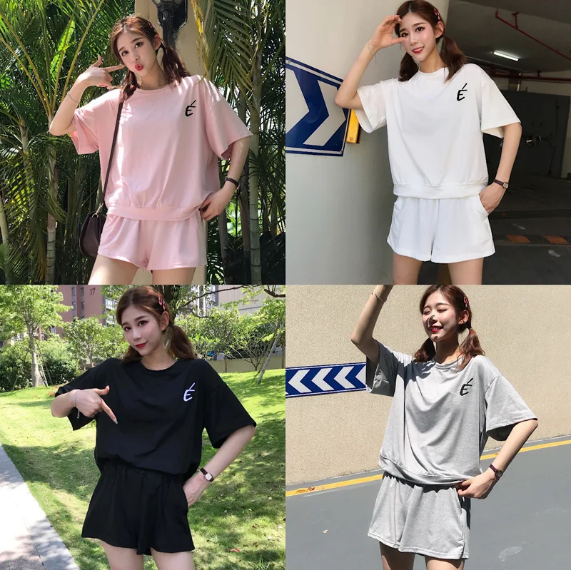

2020 Summer Wear New Style South Korea Sweet Crew Neck Solid Color Embroidered Korean-style Lazy Set