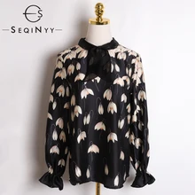 SEQINYY Black Top 2020 Summer Spring New Fashion Design Women Magnolia Flowers Print Twill Satin Loose Blouse