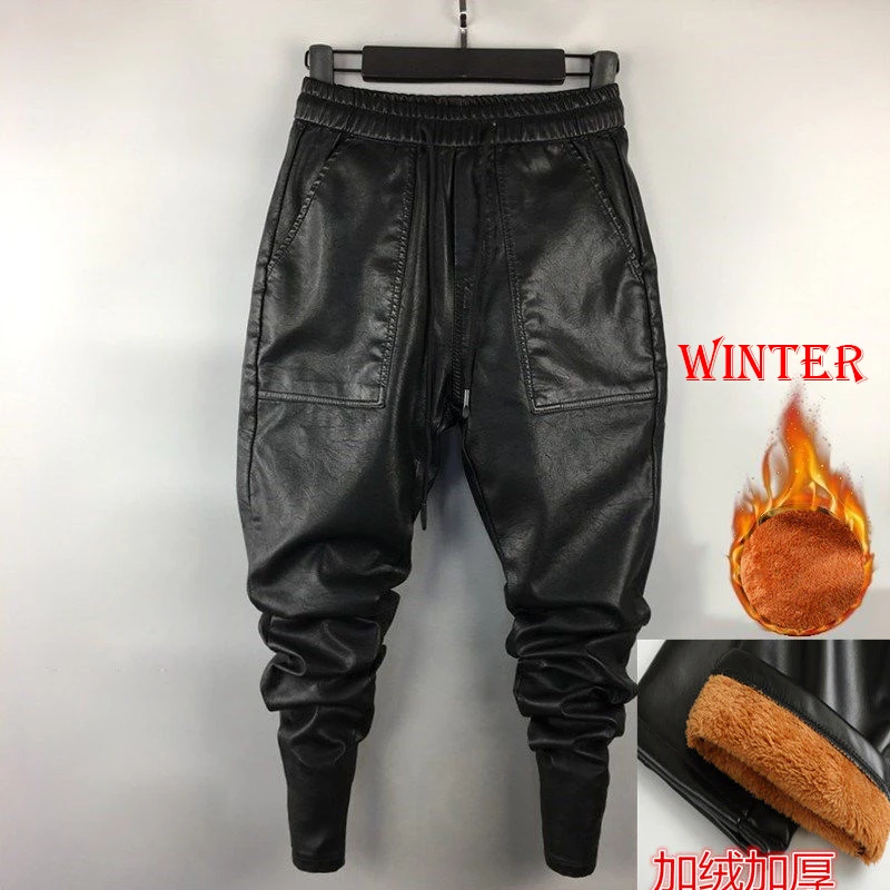 Idopy Men's Winter Faux Leather Harem Pants Elastic Waist Drawstring PU Joggings Trousers For Male men jogger pants men harem pants men jogger sweatpants