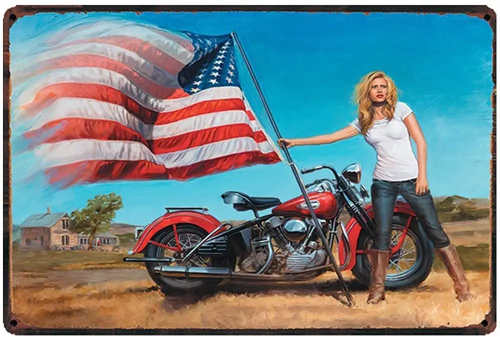 

Nostalgic Original Retro Design Beautiful Motorcycle Flag Tin Metal Signs Wall Art | Thick Tinplate Print Poster Wall Decoration