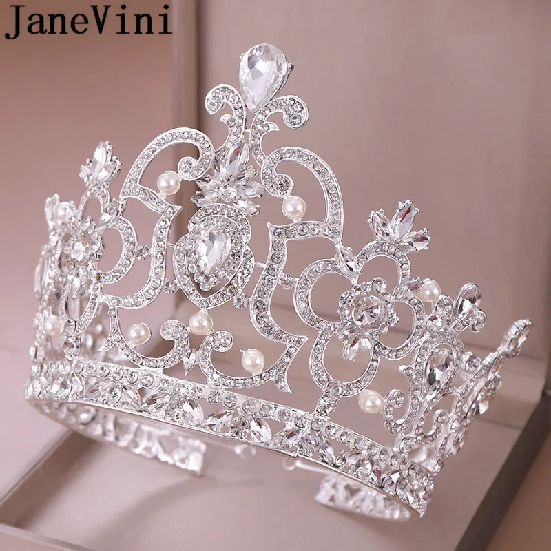 

JaneVini Sparkling Crystal Bridal Crowns and Tiaras Luxury Beaded Silver Rhinestone Pearl Cake Crown Baroque Bride Hair Jewelry