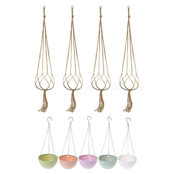 

Plant Hanger Flowerpot Hanger Plant Rope Hangers 4 Nets with 5Pcs Round Plastic Hanging Basket Flower Pot 16X10cm