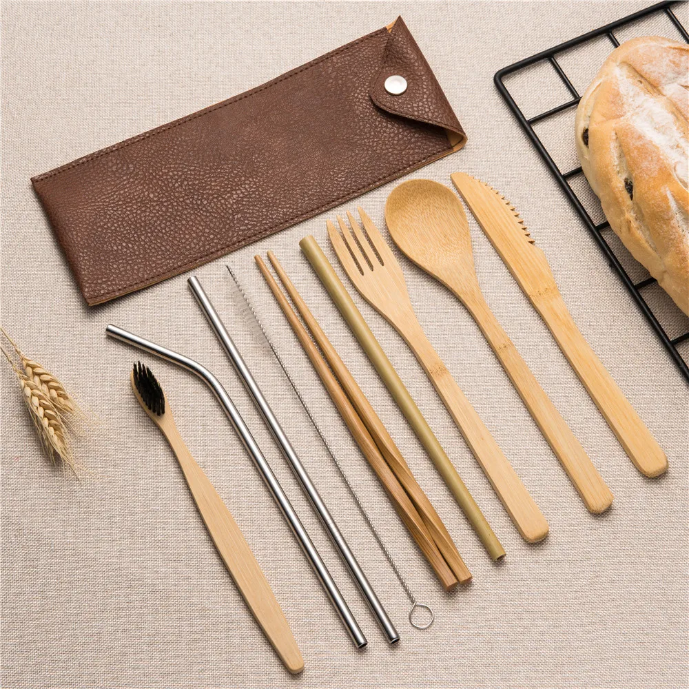 

Wooden Flatware Cutlery Set Bamboo Straw Dinnerware Set with Cloth Bag Knives Fork Spoon Chopsticks Sets Travel Wholesale