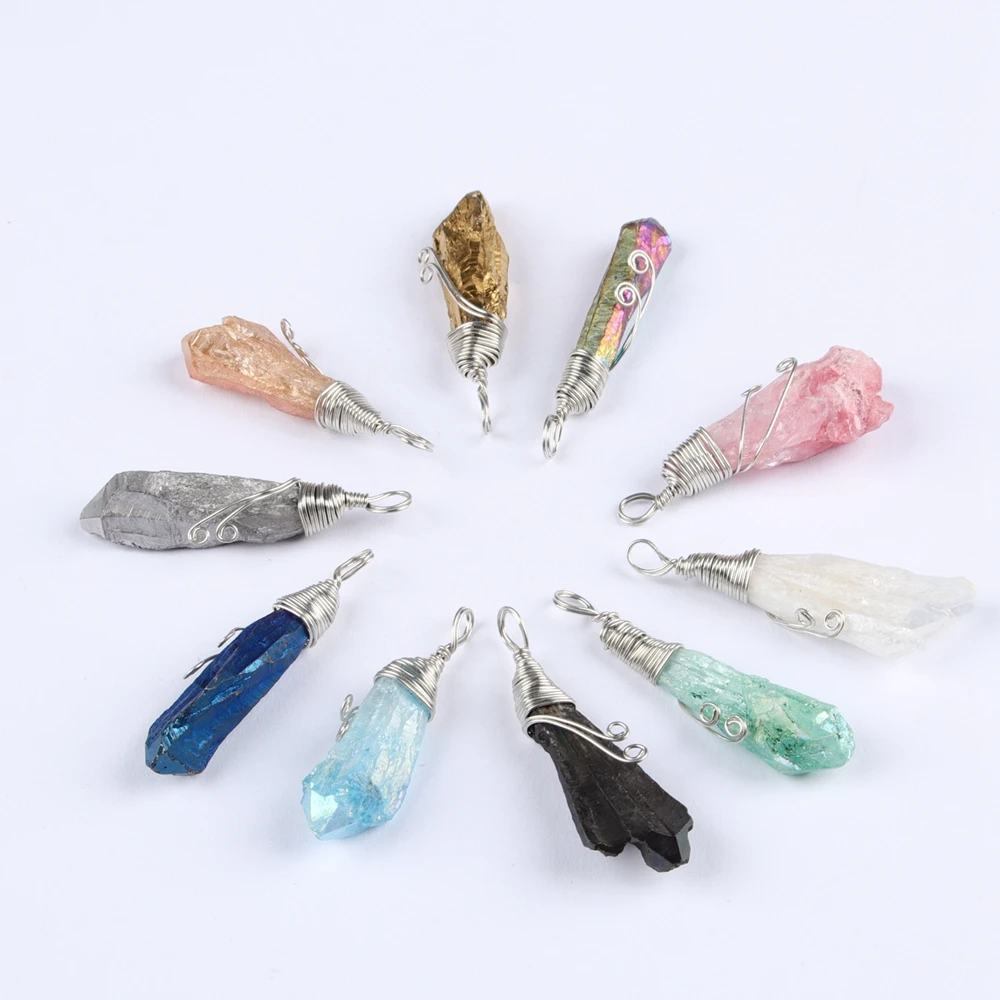 Hot Sale Handmade White Copper Wire Wrapping Irregular Crystal Column Pendant Natural Crystal Stone Fashion Creative Jewelry