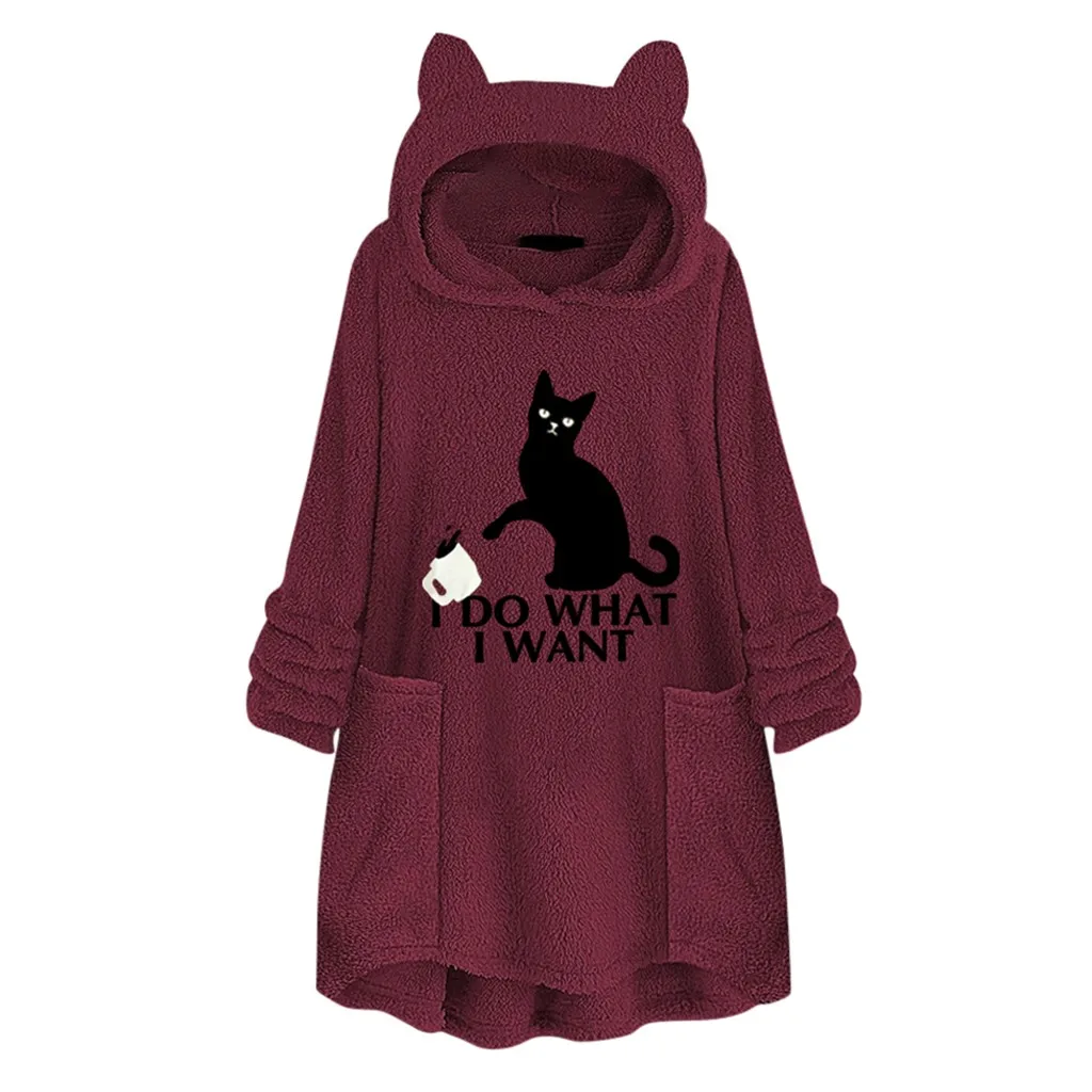 Hoodies Sweatshirt Women Cat Print Long Fleece Pullovers Warm Embroidery Kawaii Roupas Pocket Cat Ear Plus Size Oversize Hoodies